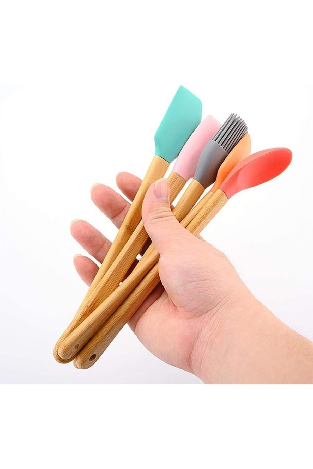 5 Parça Mini Silikon Spatula Kaşık Fırça Seti - High Quality - Bambu Saplı