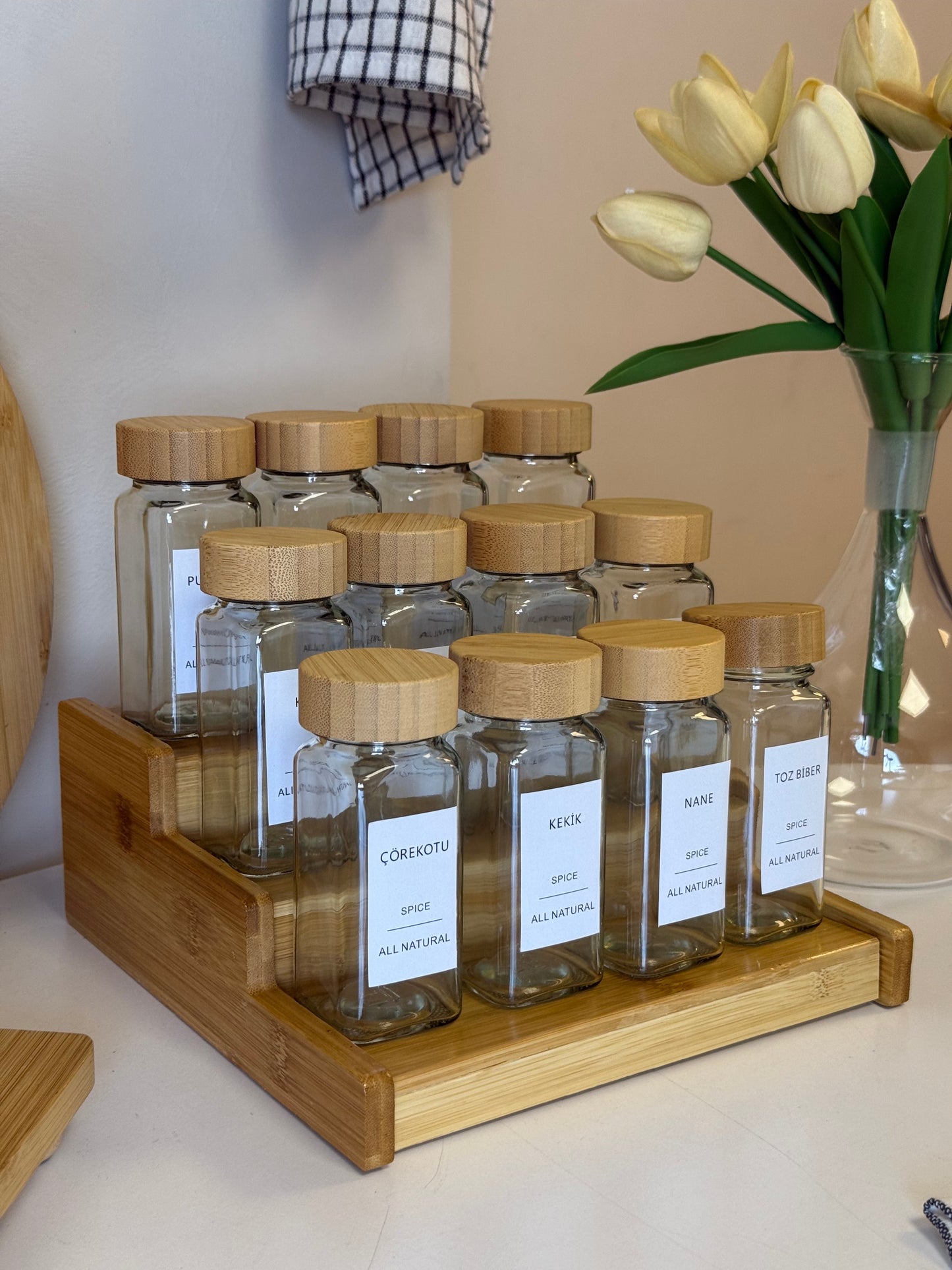 Motto Bambu Açılır Kapanır Stand 12 Li Cam Baharatlık Seti KOD:471
