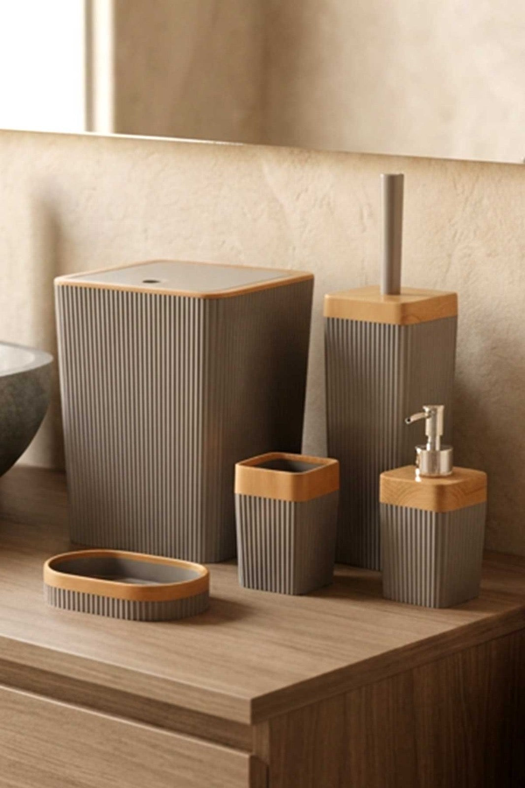 5'li Bambu Görünümlü Banyo Takımı Gri