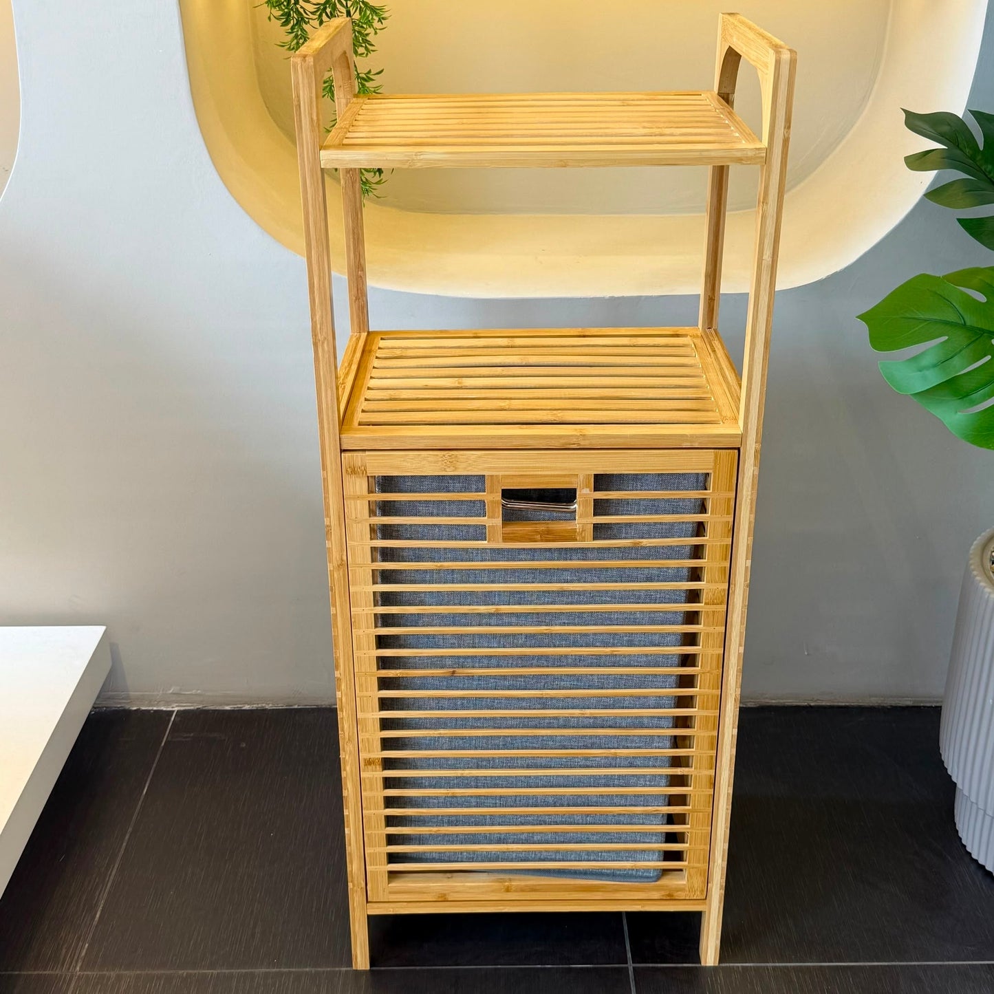 AURENO Bambu Kirli Çamaşır Sepeti 2 Katlı Raflı Banyo Dolabı 95x40x30 cm