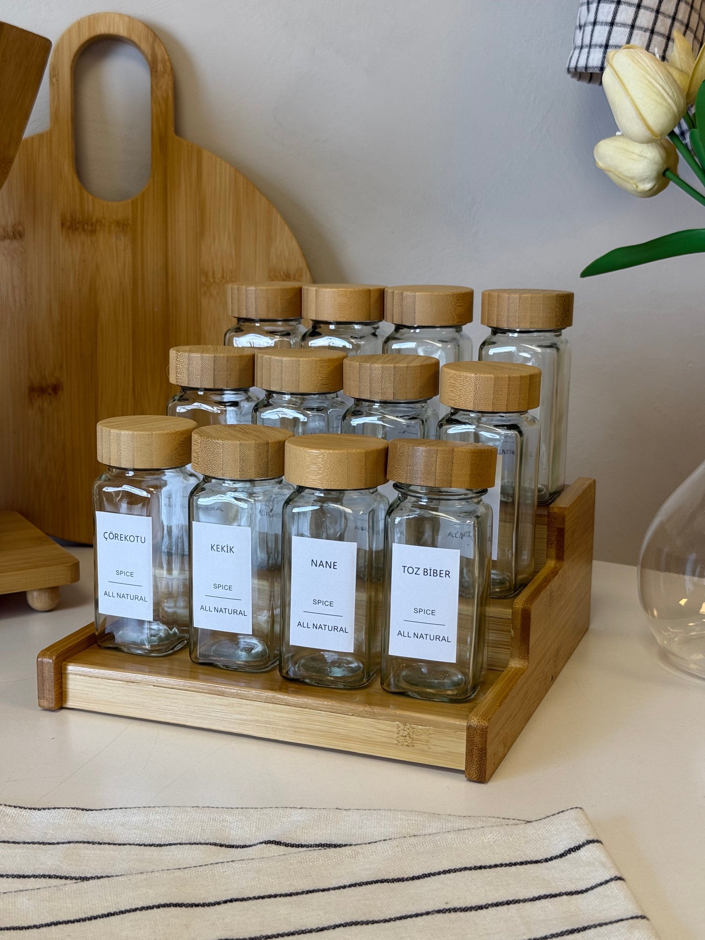 Motto Bambu Açılır Kapanır Stand 12 Li Cam Baharatlık Seti KOD:471