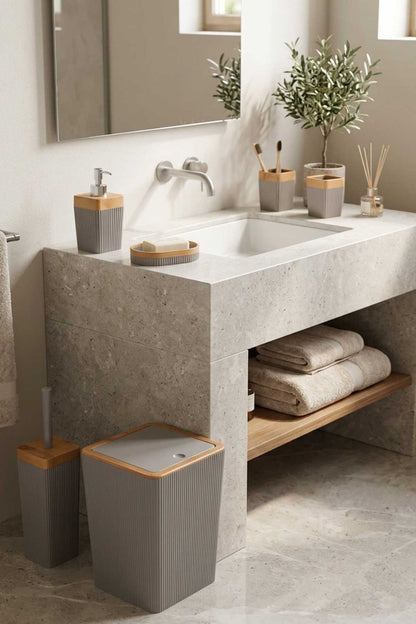 5'li Bambu Görünümlü Banyo Takımı Gri
