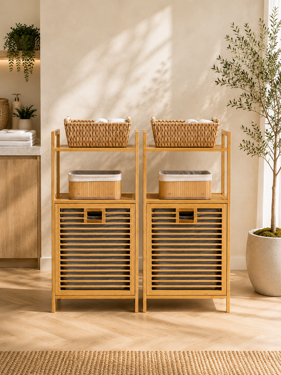 AURENO Bambu Kirli Çamaşır Sepeti 2’li Set – 2 Katlı Raflı Banyo Dolabı 95x40x30 cm