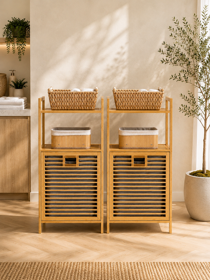 AURENO Bambu Kirli Çamaşır Sepeti 2’li Set – 2 Katlı Raflı Banyo Dolabı 95x40x30 cm