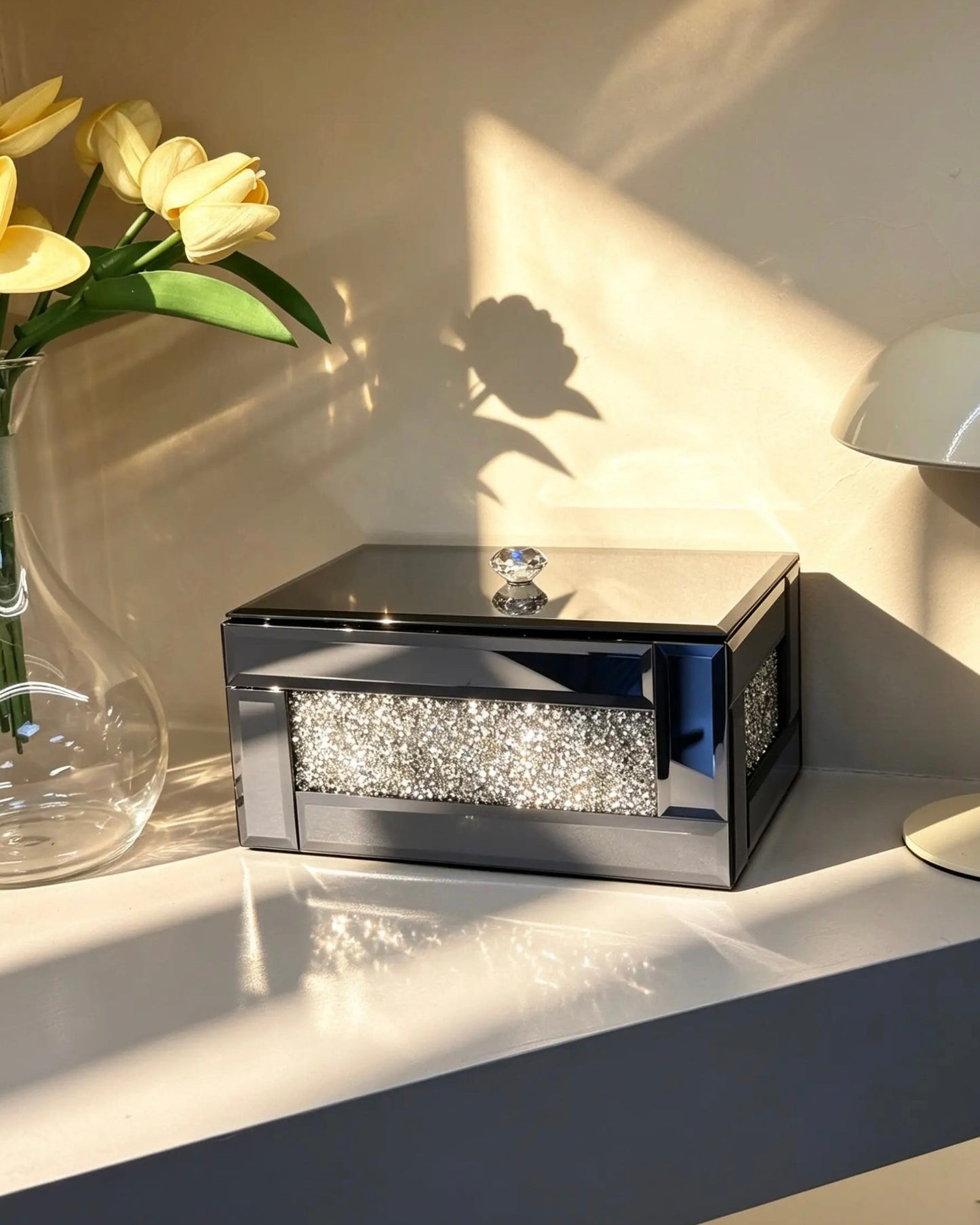 Diamond Aynalı Kristal Detaylı Takı Kutusu Füme KOD:2071