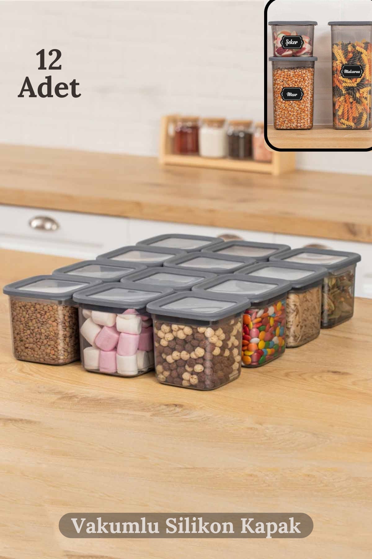 12'li Vakumlu Silikon Kapaklı Kare Baharat Saklama Kabı Seti - 12x(0.65 LİTRE) Antra