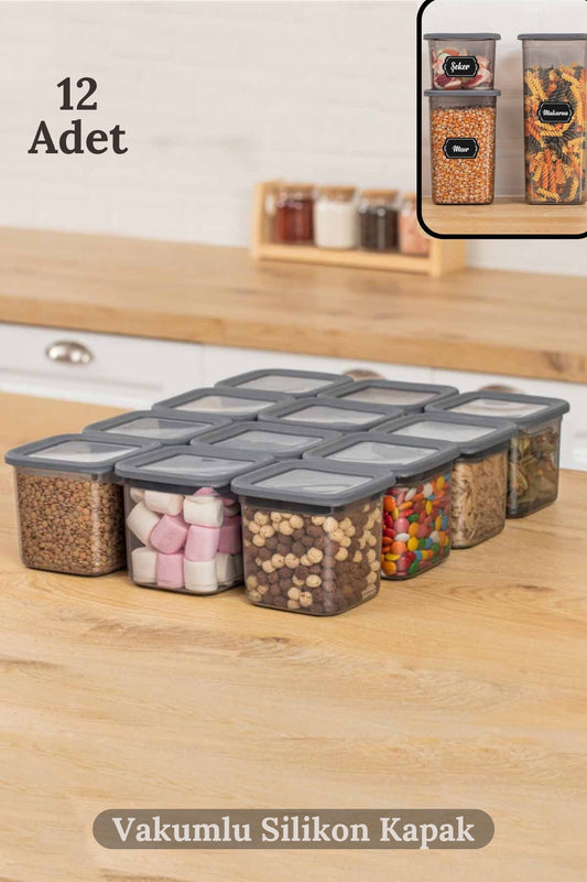 12'li Vakumlu Silikon Kapaklı Kare Baharat Saklama Kabı Seti - 12x(0.65 LİTRE) Antra