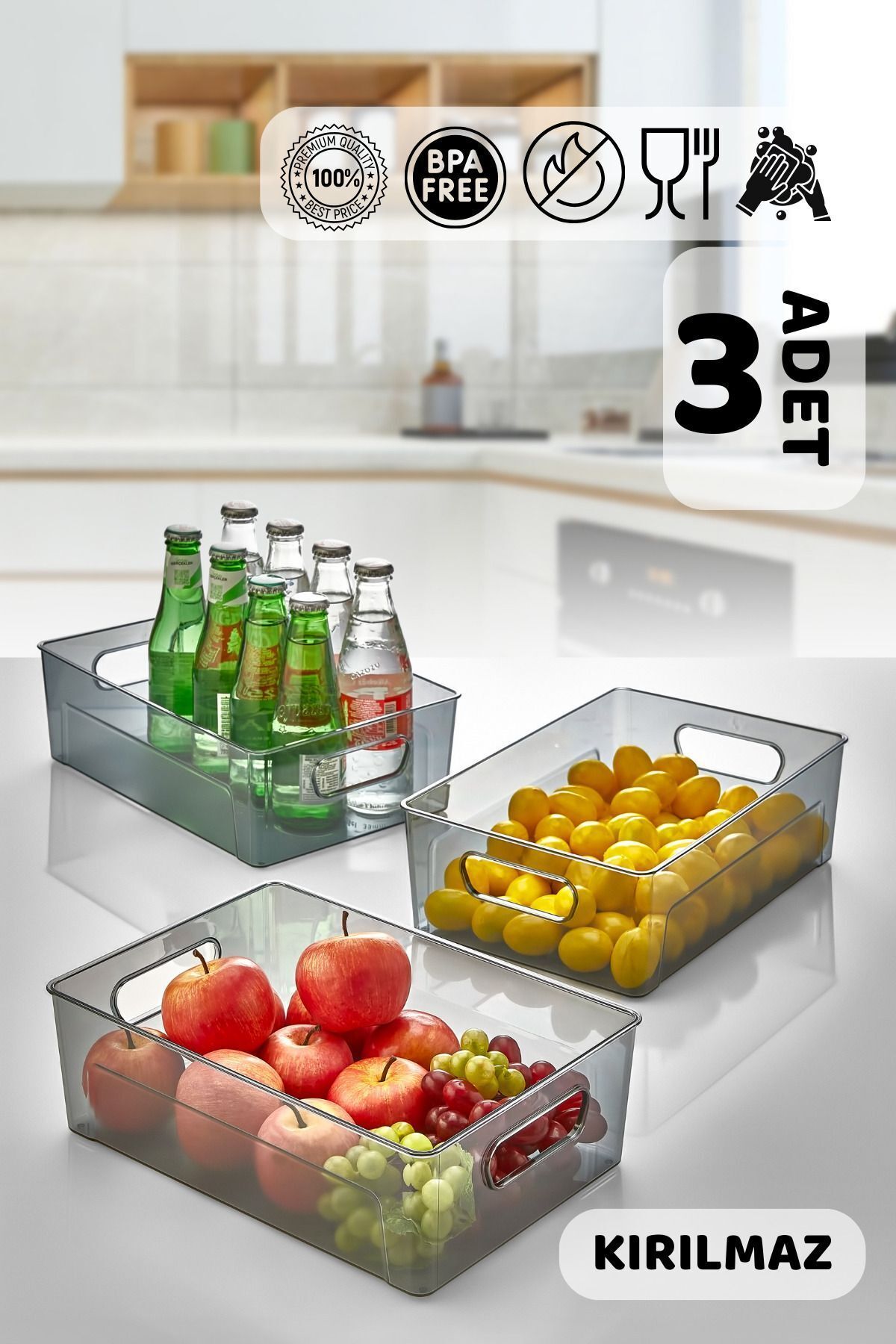 3’lü Mega Platin Buzdolabı Ve Dolap Içi Organizeri - Kırılmaz Ultra Sağlam Düzenleyici Kutu