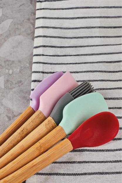 5 Parça Mini Silikon Spatula Kaşık Fırça Seti - High Quality - Bambu Saplı