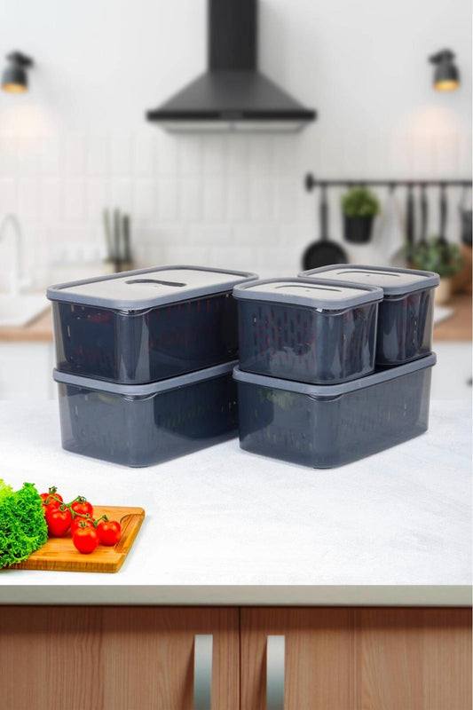 15 Parça Fresh Antrasit Süzgeçli Buzdolabı Saklama Seti