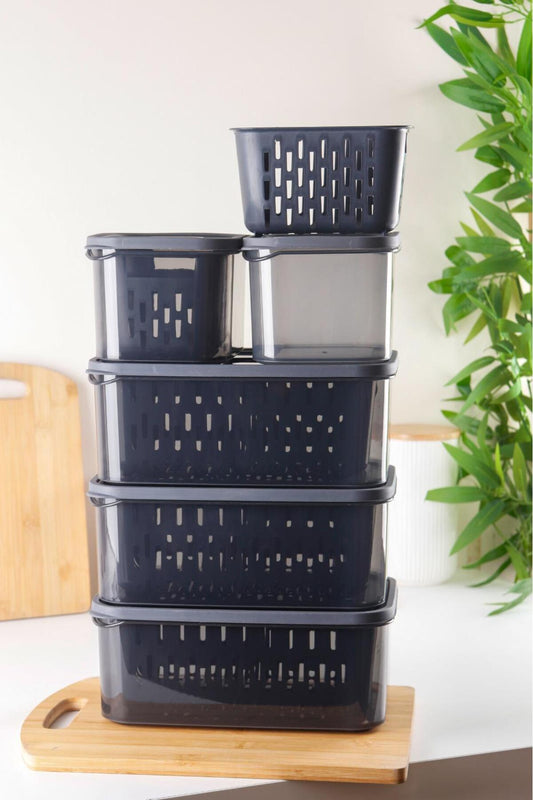 15 Parça Fresh Antrasit Süzgeçli Buzdolabı Saklama Seti