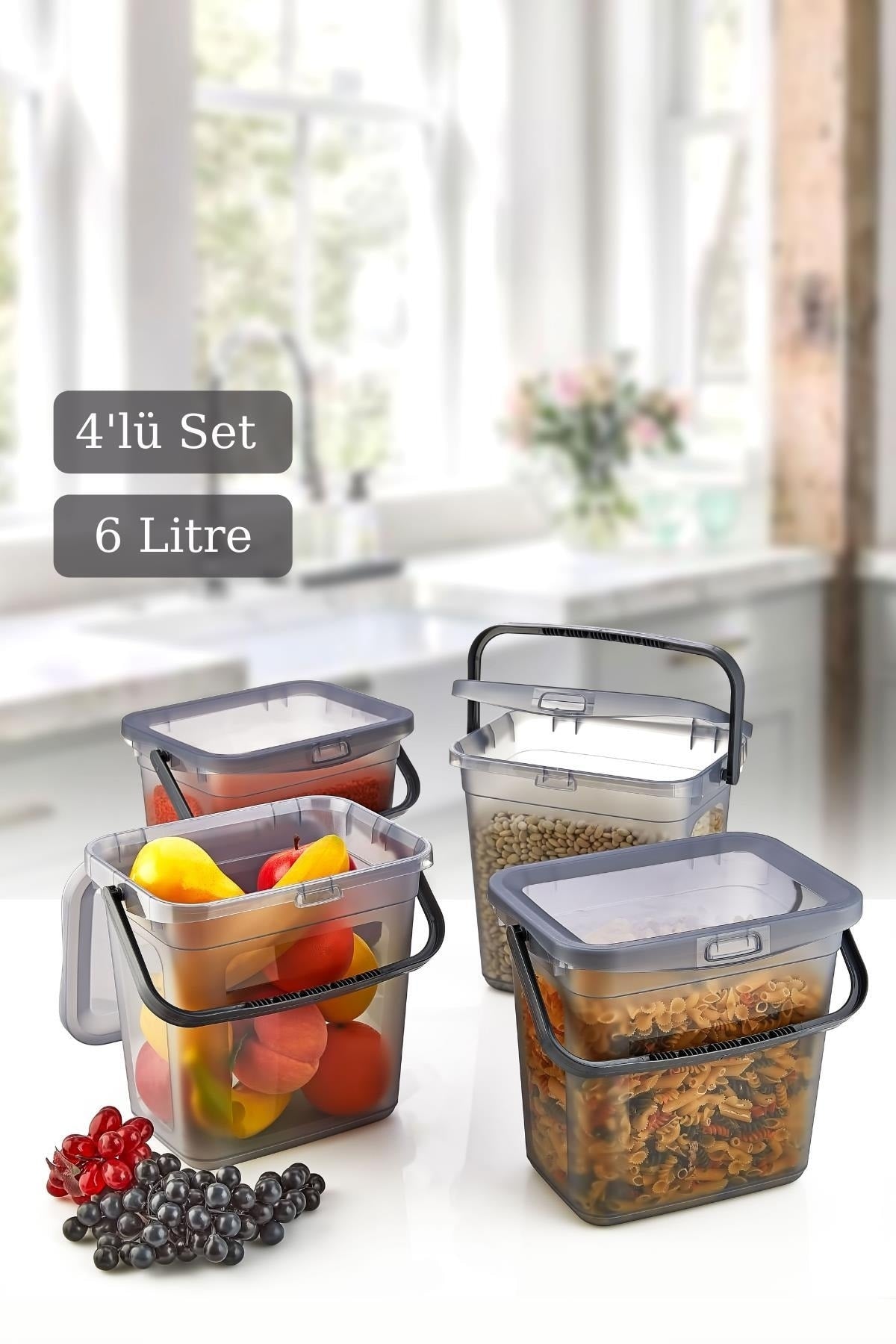 4'lü 6 Lt Erzak Saklama Kabı - Çok Amaçlı Un Deterjan Saklama Kabı 4x(6000ml)