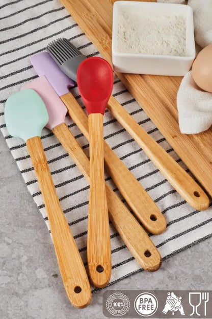 5 Parça Mini Silikon Spatula Kaşık Fırça Seti - High Quality - Bambu Saplı