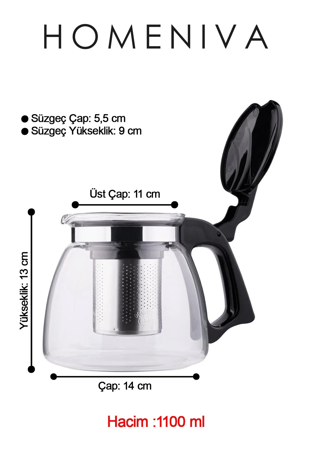 Siyah Süzgeçli Cam Demlik 1100 Ml