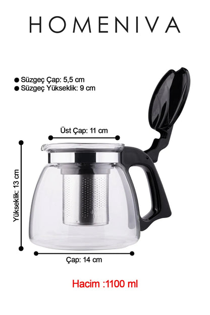 Siyah Süzgeçli Cam Demlik 1100 Ml