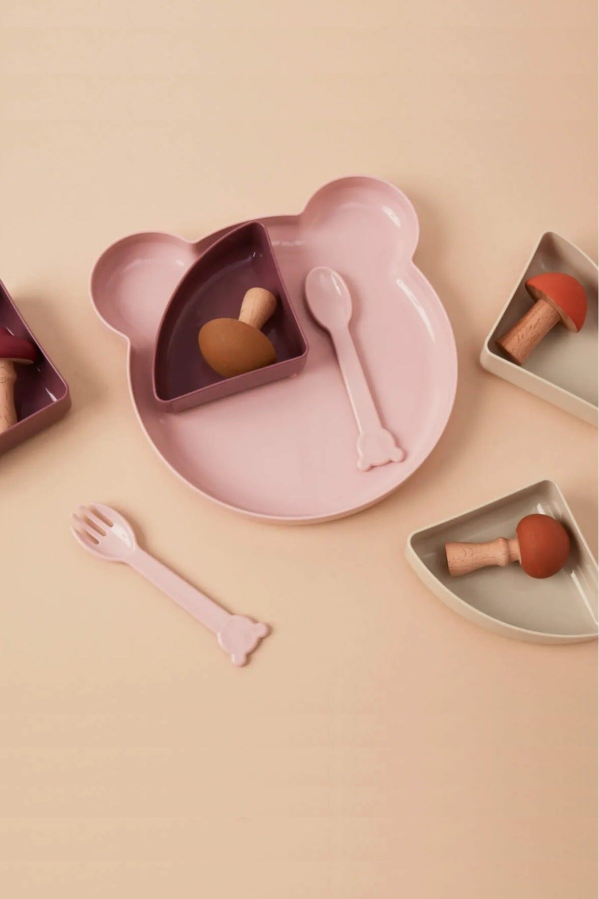 7 Parça Teddy Bear Mor Mama Tabağı – Ayıcık Şekilli Yemek Tabağı Seti - Pembe