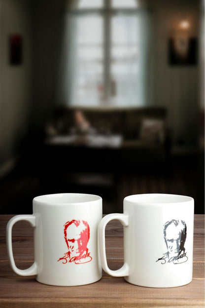 2 Adet Atatürk Siluet Ve Imza Baskılı Kupa Seti