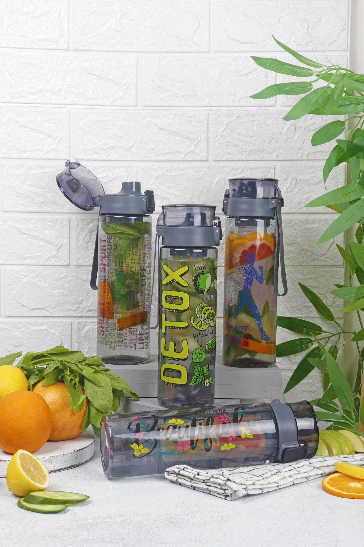 1 Adet Desenli Kilitli Kendiliğinden Süzgeçli Kolay Taşınabilir Detoks Sporcu Diyet Matarası 800 ML - Pembe-Mavi