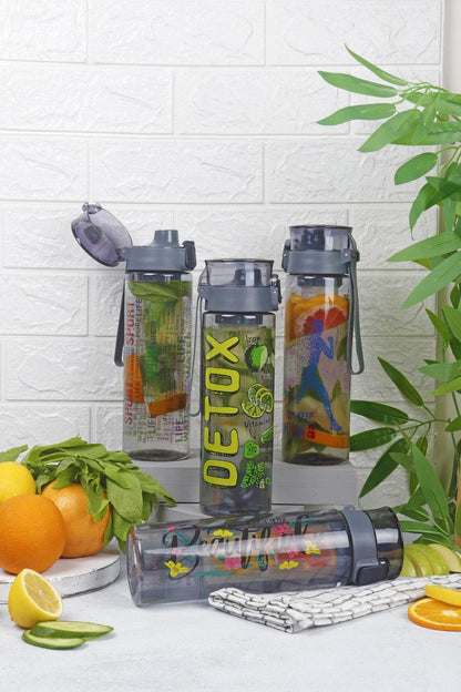 1 Adet Desenli Kilitli Kendiliğinden Süzgeçli Kolay Taşınabilir Detoks Sporcu Diyet Matarası 800 ML - Pembe-Mavi