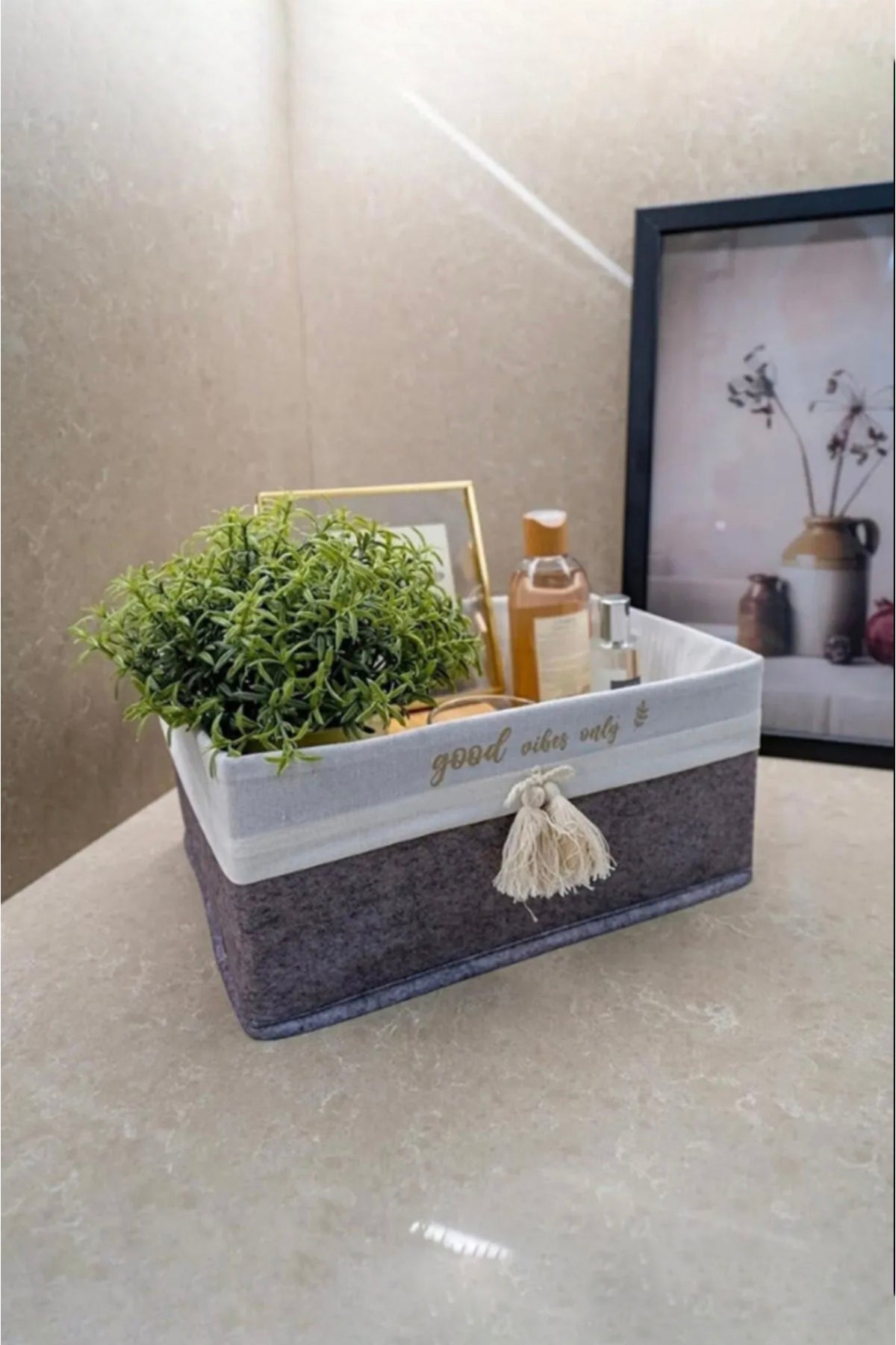 Dikdörtgen Keçe Dekoratif Saklama Sepeti Mini 28x18x12 cm - Gri