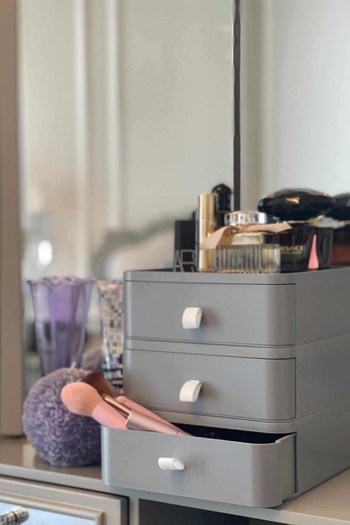 Nivabox 3'lü Takı, Makyaj Ve Kozmetik Düzenleyici Çekmece, Ofis Masa Düzenleyici, Gri