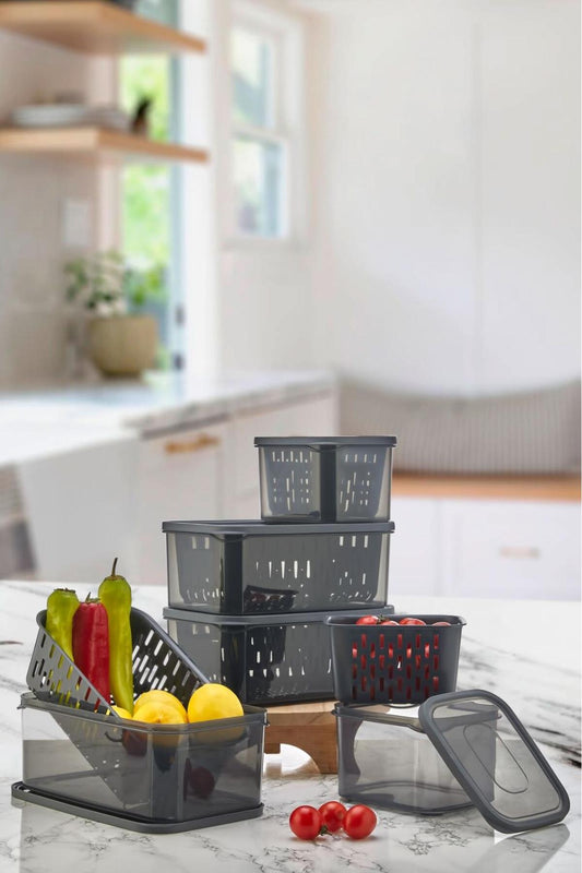15 Parça Fresh Antrasit Süzgeçli Buzdolabı Saklama Seti