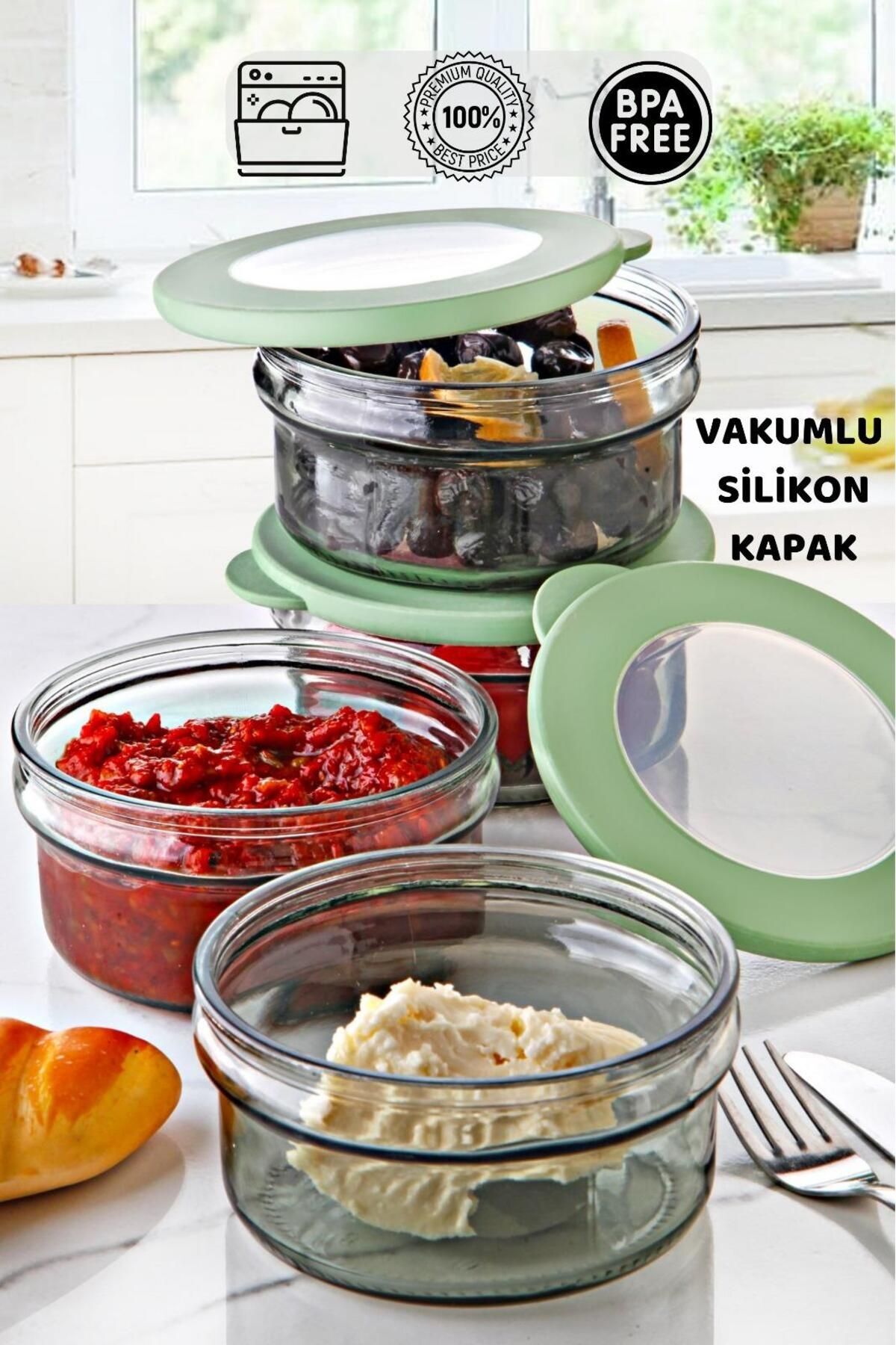 4 Adet Rainbow Vakumlu Kapak Cam Saklama Kabı - Cam Kahvaltı Seti Yeşil