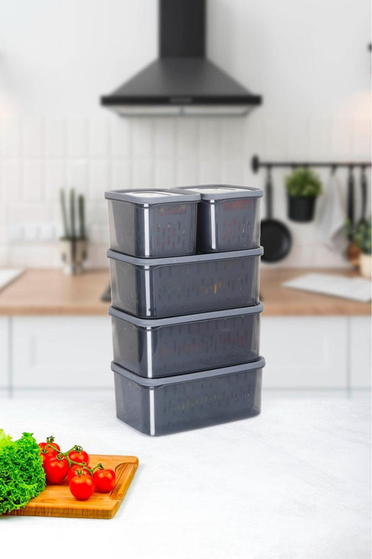 15 Parça Fresh Antrasit Süzgeçli Buzdolabı Saklama Seti