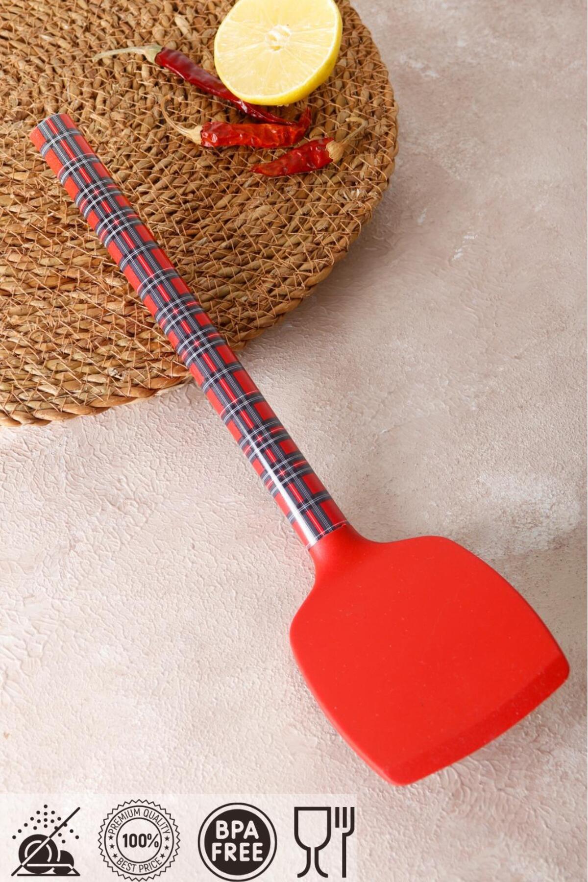 1 Adet Kırmızı Ekose Silikon Uçlu Spatula - Yanmaz Yapışmaz