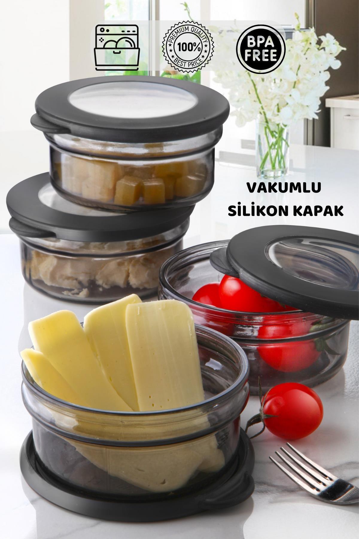 4 Adet Black Pearl Vakumlu Kapak Cam Saklama Kabı - Cam Kahvaltı Seti