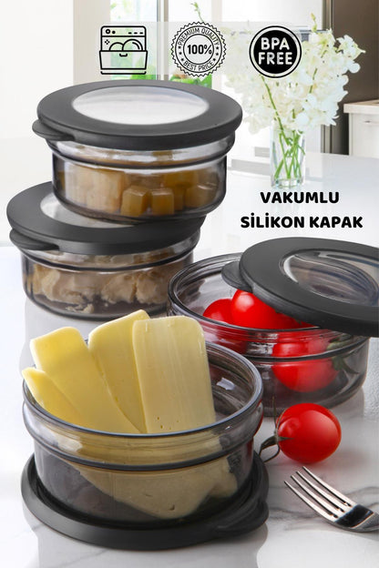 4 Adet Black Pearl Vakumlu Kapak Cam Saklama Kabı - Cam Kahvaltı Seti