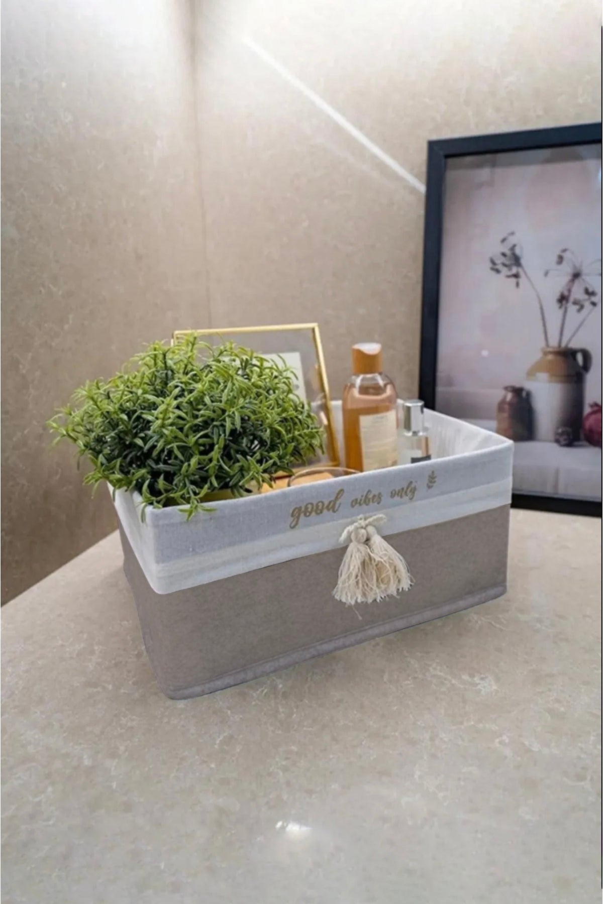 Dikdörtgen Keçe Dekoratif Saklama Sepeti Mega 31x22x16 cm - Bej
