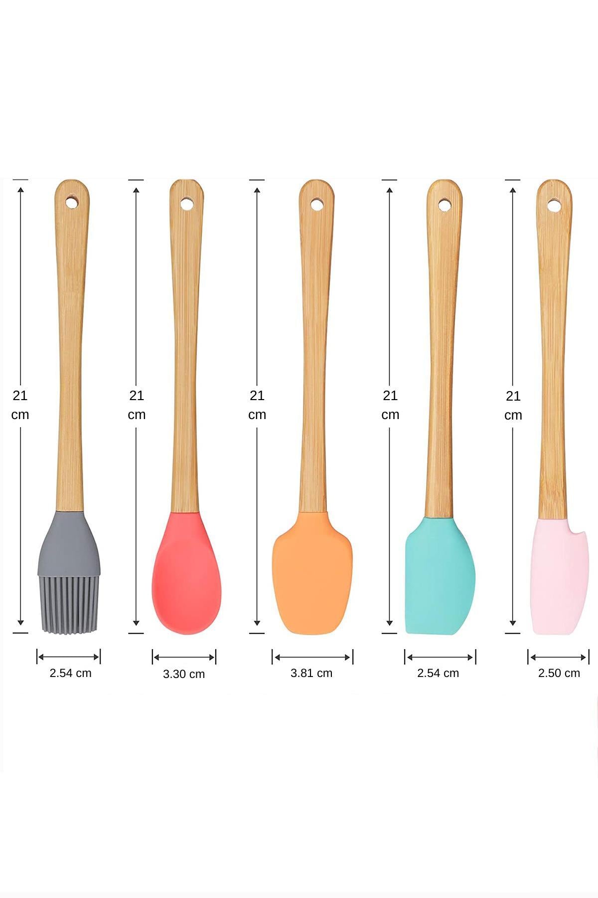 5 Parça Mini Silikon Spatula Kaşık Fırça Seti - High Quality - Bambu Saplı