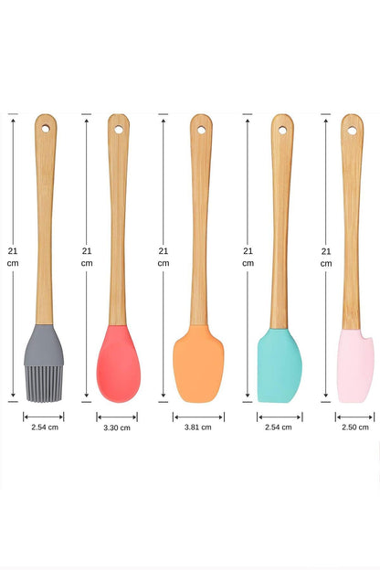 5 Parça Mini Silikon Spatula Kaşık Fırça Seti - High Quality - Bambu Saplı