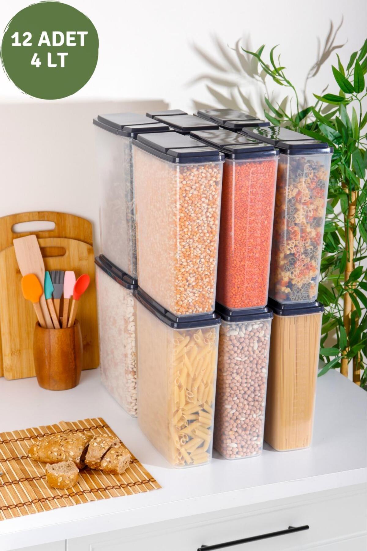 Şeffaf 12'li Set 4 Lt Çift Kapaklı Ölçülü Erzak Saklama Kabı (12X4000ML)