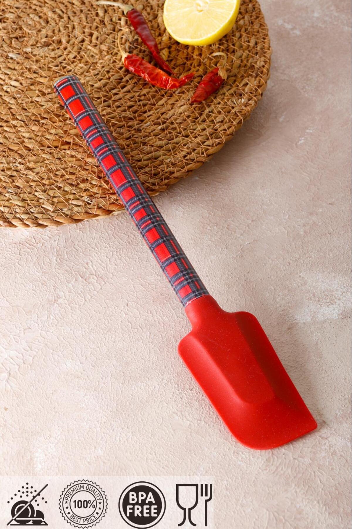 1 Adet Kırmızı Ekose Silikon Yan Spatula - Yanmaz Yapışmaz
