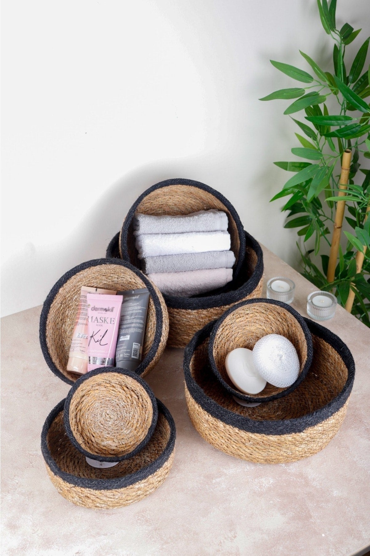 Naturel Hasır Sepet Organizer, Banyo Organizer, Siyah Şeritli 7 Boy