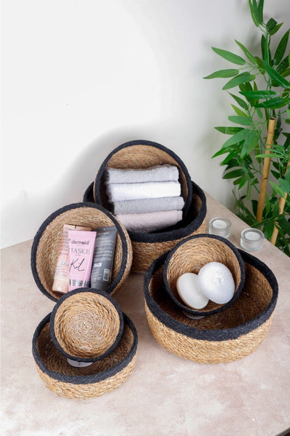 Naturel Hasır Sepet Organizer, Banyo Organizer, Siyah Şeritli 7 Boy