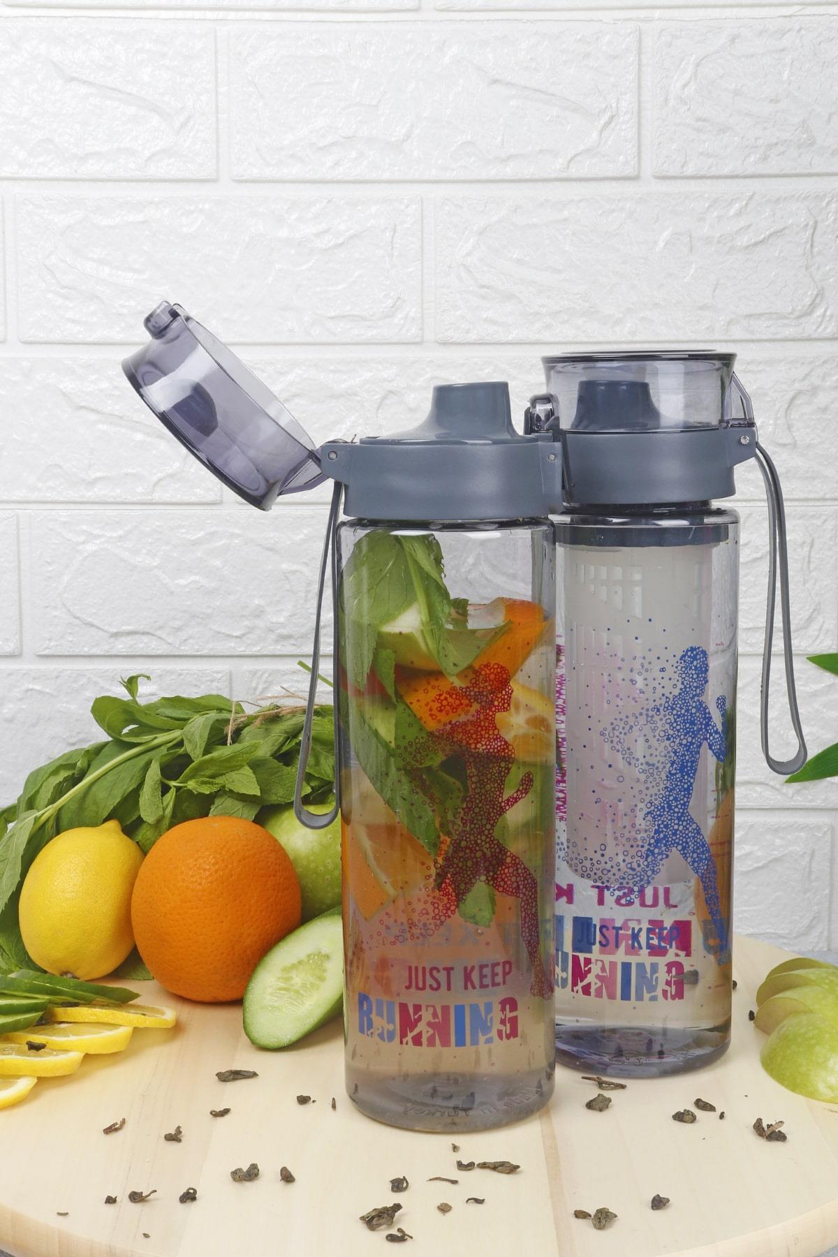 1 Adet Desenli Kilitli Kendiliğinden Süzgeçli Kolay Taşınabilir Detoks Sporcu Diyet Matarası 800 ML - Pembe-Mavi