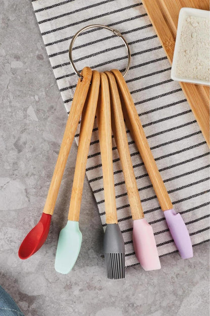 5 Parça Mini Silikon Spatula Kaşık Fırça Seti - High Quality - Bambu Saplı