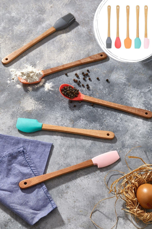 5 Parça Mini Silikon Spatula Kaşık Fırça Seti - High Quality - Bambu Saplı