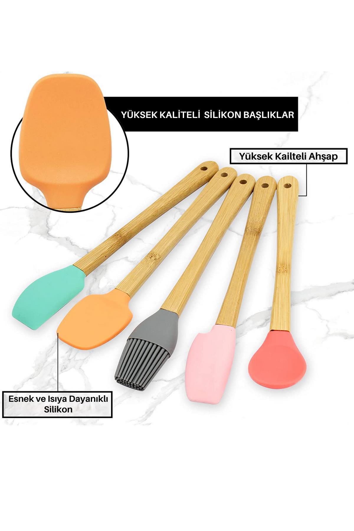 5 Parça Mini Silikon Spatula Kaşık Fırça Seti - High Quality - Bambu Saplı
