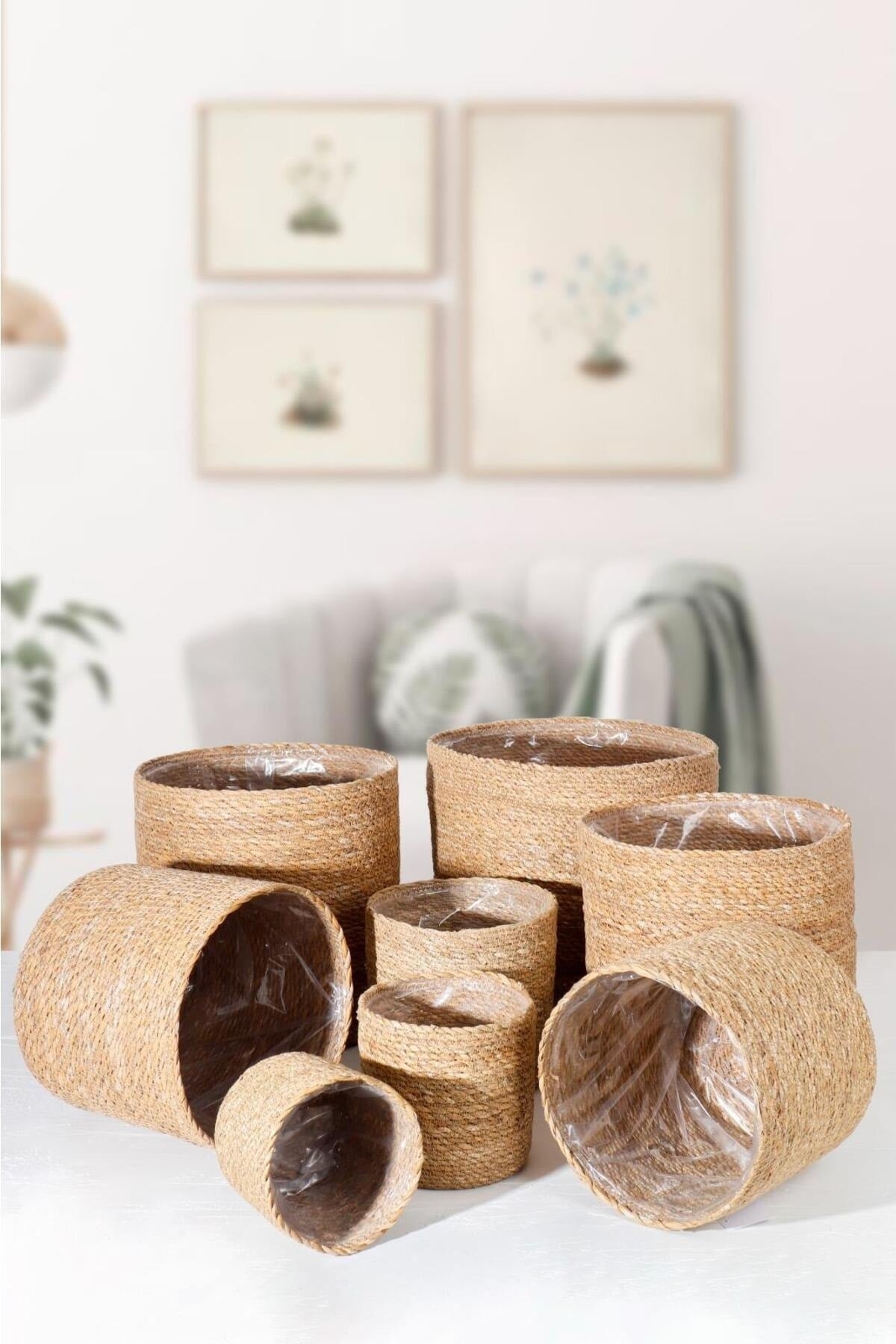 8'li Handmade Hasır Saksı Sepet Organizer Set
