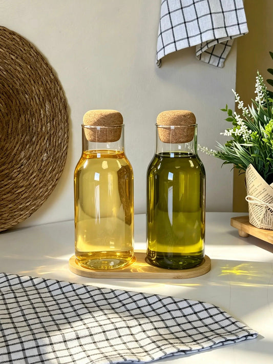 Saba Bambu Standlı Mantar Kapaklı Bırosilikat Cam İkili Yağdanlık Seti 700 ml KOD:2911