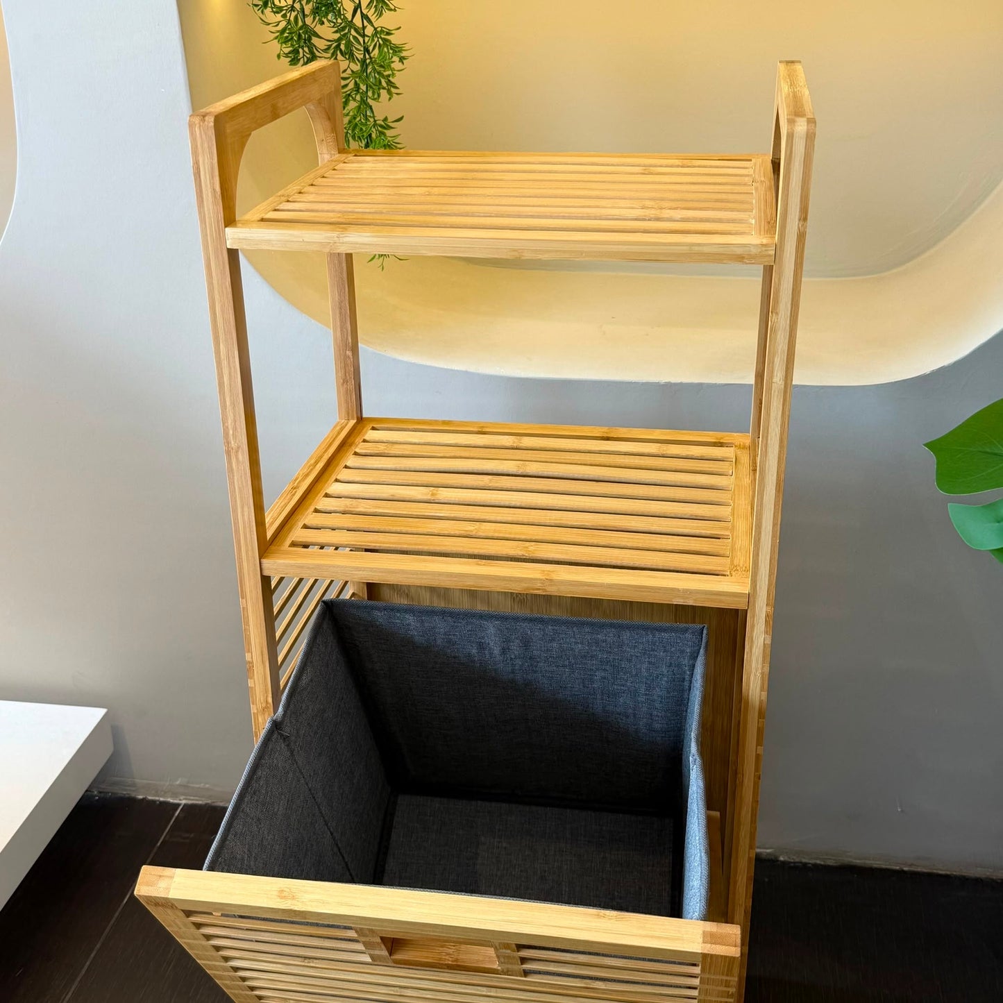 AURENO Bambu Kirli Çamaşır Sepeti 2 Katlı Raflı Banyo Dolabı 95x40x30 cm