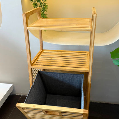 AURENO Bambu Kirli Çamaşır Sepeti 2 Katlı Raflı Banyo Dolabı 95x40x30 cm