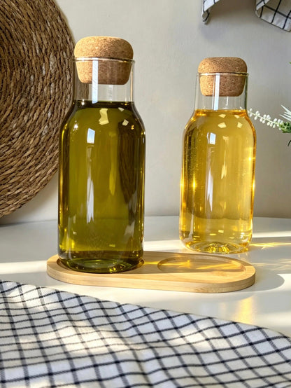 Saba Bambu Standlı Mantar Kapaklı Bırosilikat Cam İkili Yağdanlık Seti 700 ml KOD:2911