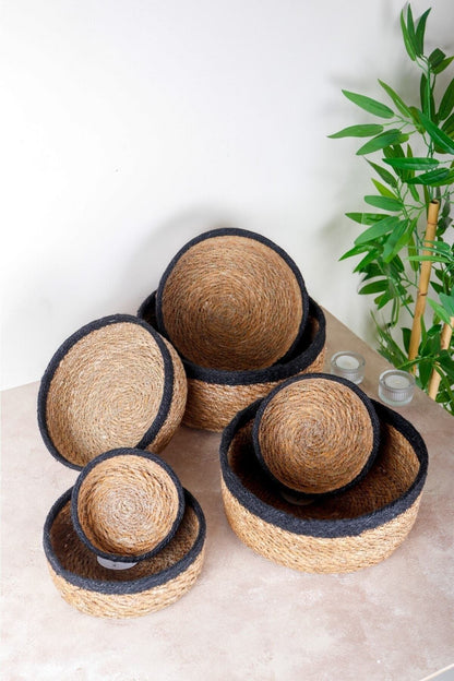Naturel Hasır Sepet Organizer, Banyo Organizer, Siyah Şeritli 7 Boy
