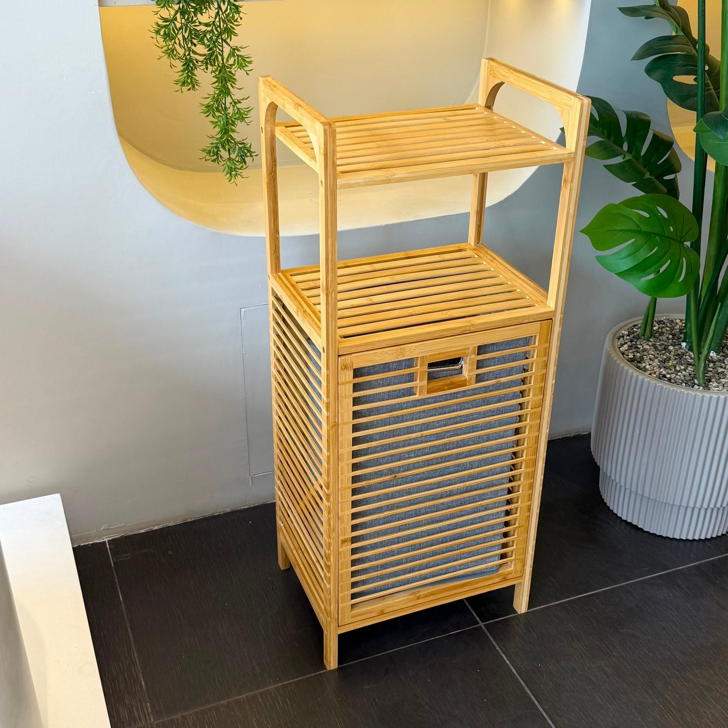 AURENO Bambu Kirli Çamaşır Sepeti 2’li Set – 2 Katlı Raflı Banyo Dolabı 95x40x30 cm