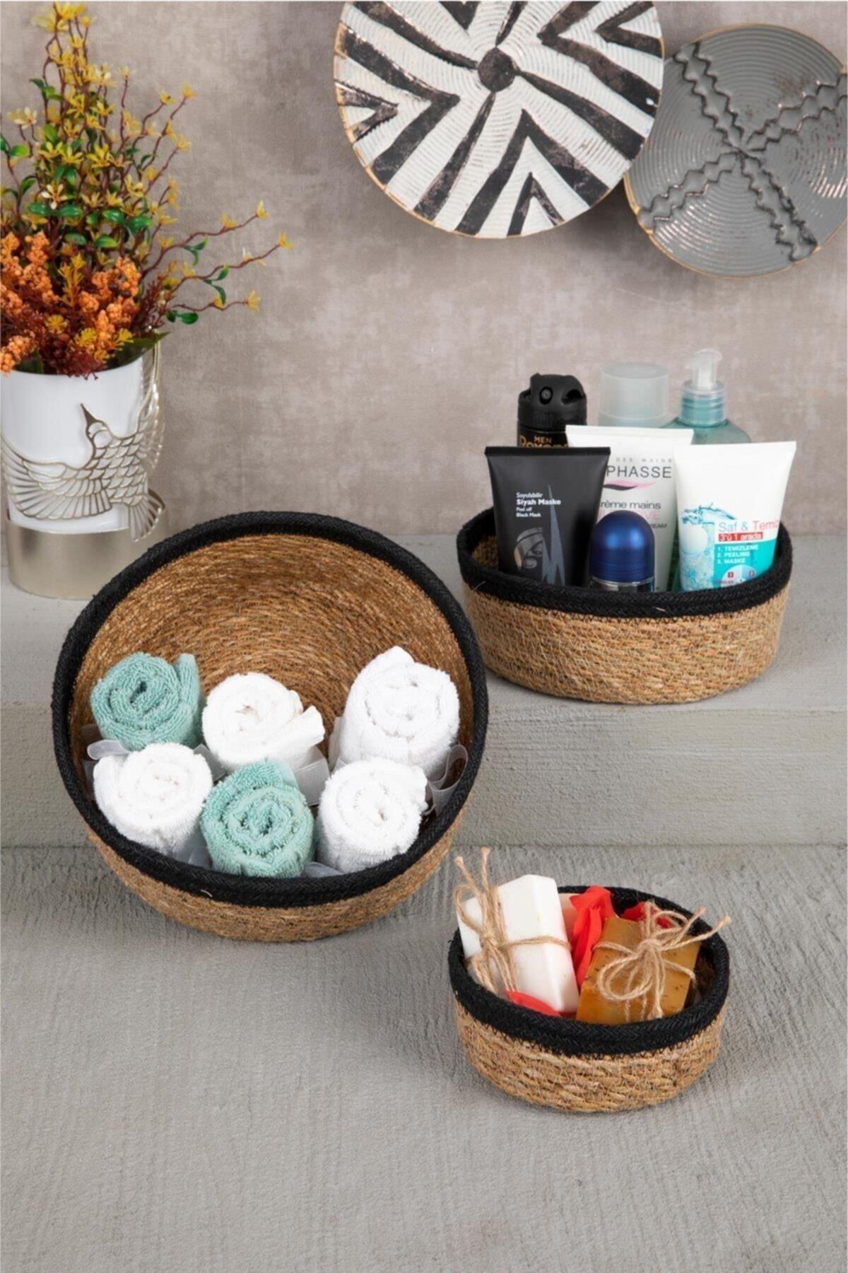 Naturel Hasır Sepet Organizer, Banyo Organizer, Siyah Şeritli 7 Boy